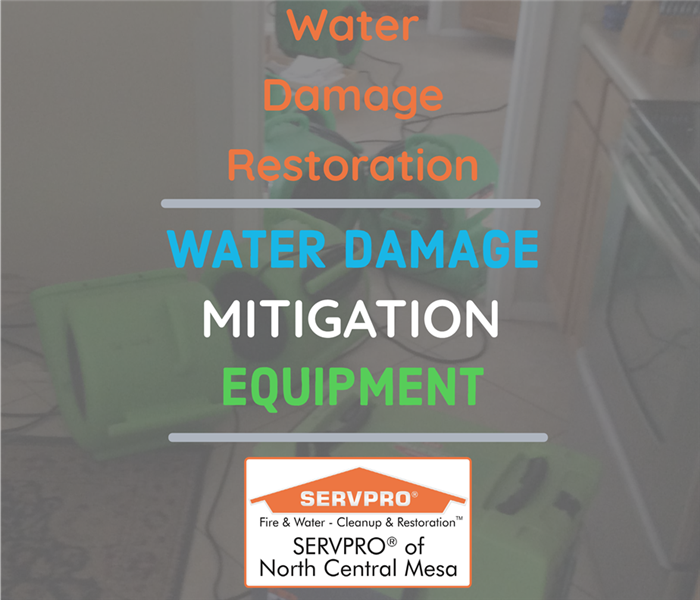 Water Damage Mitigation Equiptment with picture of fans and dehumidifiers in background