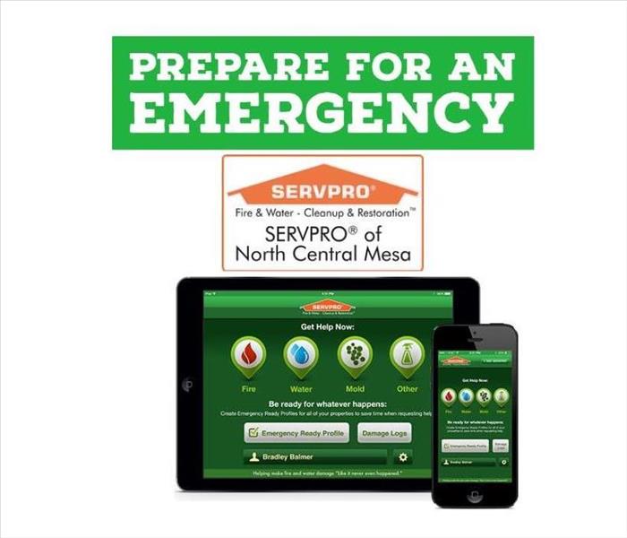 Text: Prepare for an Emergency with SERVPRO of North Central Mesa Logo With Ready App Picture