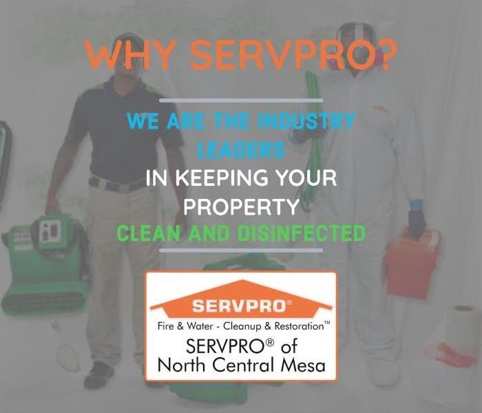 Why SERVPRO - We Are Industry Leaders in Keeping your properties clean and disinfected" text, with cleaners in background